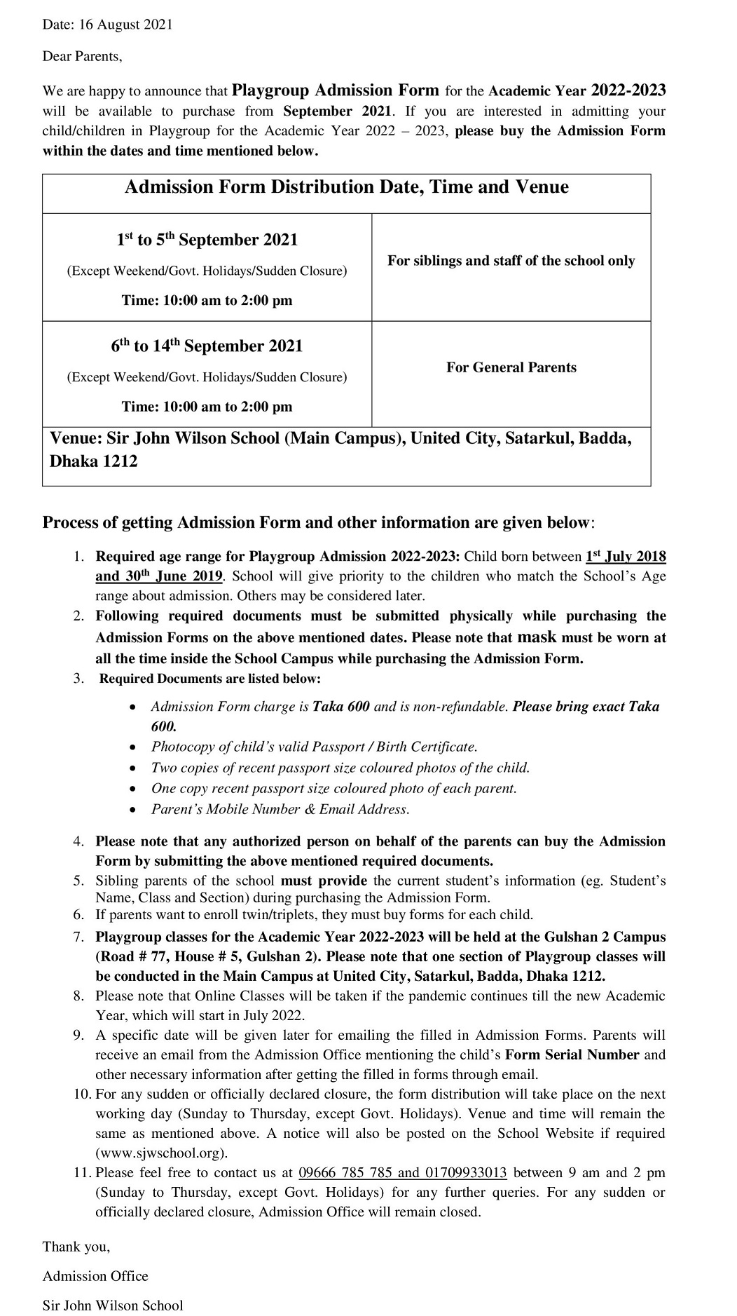 Notice for PG Admission 2022-2023
