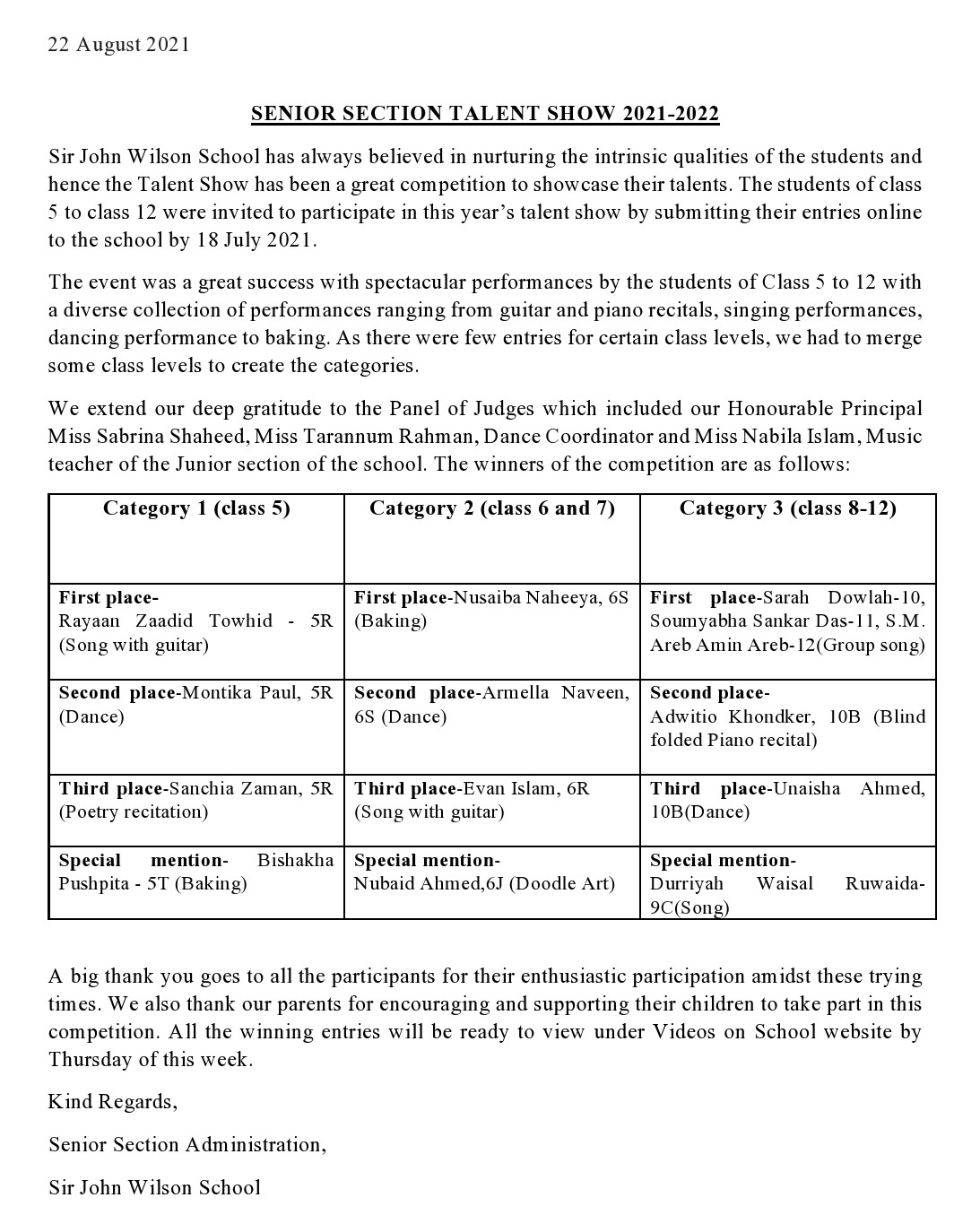 The talent show 2021-2022 website news